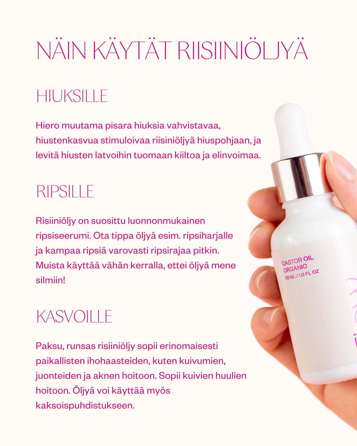 Luomu risiiniöljy ripsille, kulmakarvoille sekä hiuksille 30ml