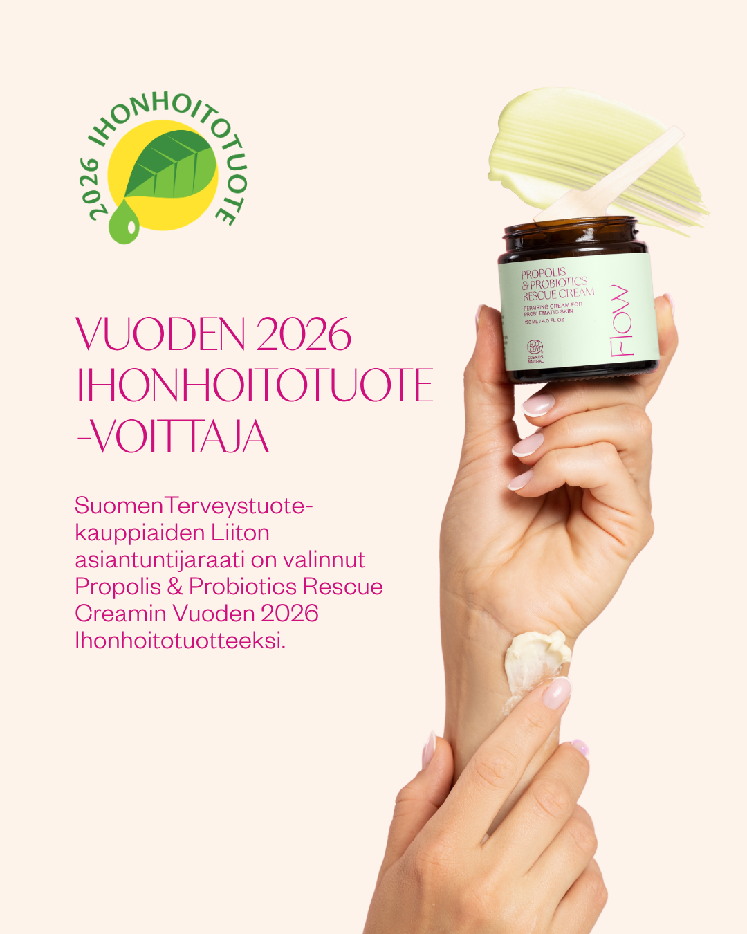 Flow Cosmetics Propolis & Probiotics Rescue Cream -erikoisvoide on vuoden ihonhoitotuote 2026 ongelmalliselle iholle