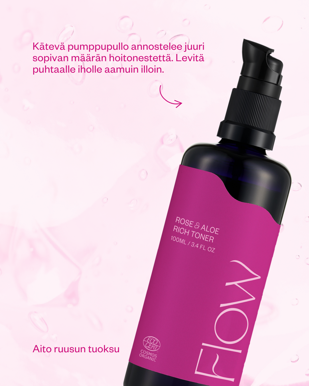 Luonnonkosmetiikan uutuustuote: Flow Cometics Rose & Aloe Rich Toner -hoitoneste Ecocert COSMOS Organic