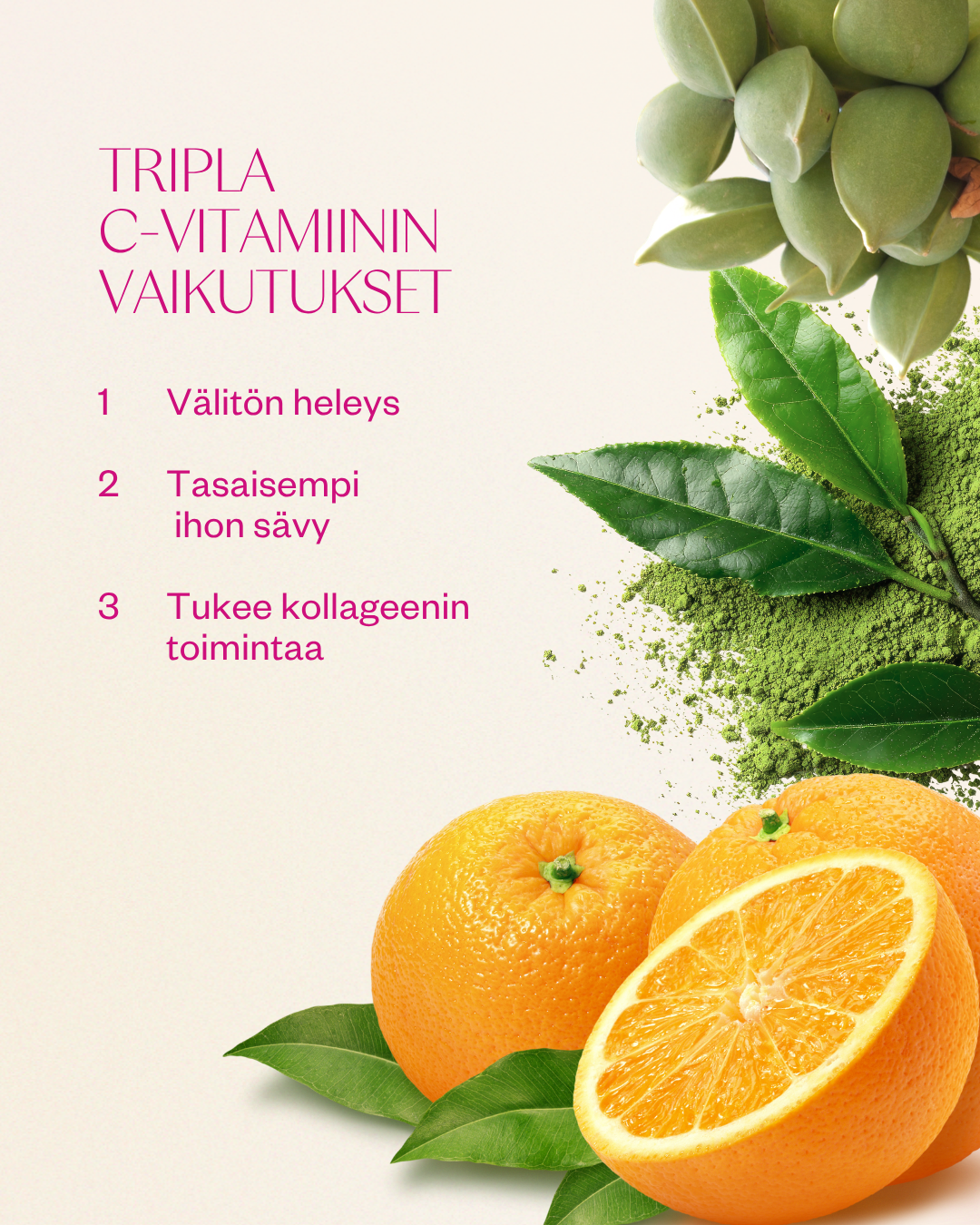 Flow Cosmetics Vitamin C & Matcha Serum kolme tehokasta C-vitamiinin lähdettä